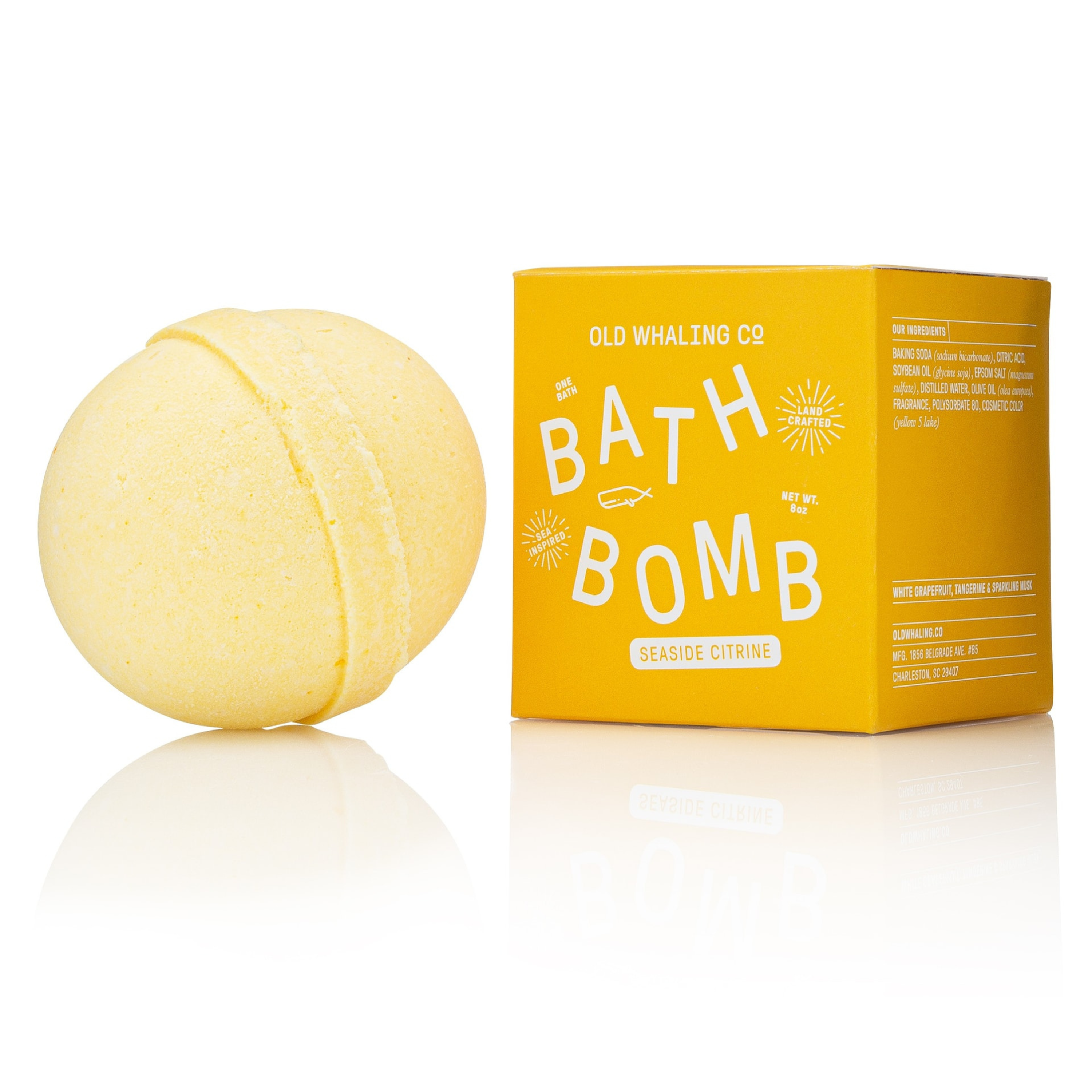 Bath bomb made with Epsom salt, olive oil and soybean oil for soft skin. Orange, lemon and grapefruit scented
