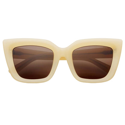 Beige sunglasses with brown lenses on a white background