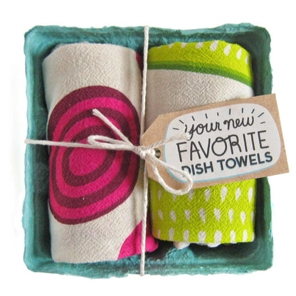 Pair of cotton tea towels with a fun pickle and vibrant beet design, eco-friendly, packed in a produce-style container. Fun for any country kitchen.