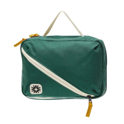 Forest green toned canvas toiletry pack dual main compartments and small front organizers. Perfect for traveling and camping.