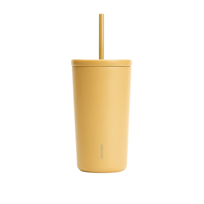 Loquat(darker yellow) 16oz Cold Cup with twist lid and reusable straw, BPA-free, no-sweat finish, keeps drinks hot or cold.