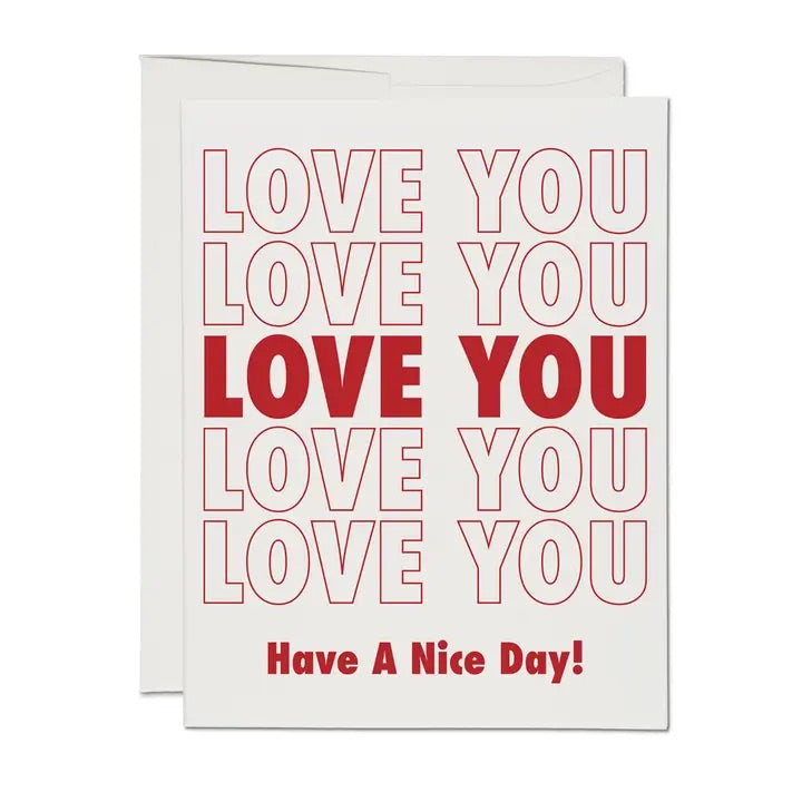 Love you repeated 5 times in a retro grocery bag style. Perfect for partners or anniversaries. blank inside