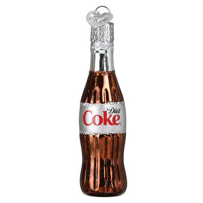 A decorative glass bottle ornament shaped like a Diet Coke bottle, featuring a metallic copper-brown body, a silver neck with a clear glass cap, and the classic white label with red 'Diet Coke' branding.