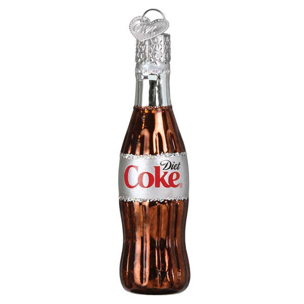 A decorative glass bottle ornament shaped like a Diet Coke bottle, featuring a metallic copper-brown body, a silver neck with a clear glass cap, and the classic white label with red 'Diet Coke' branding.
