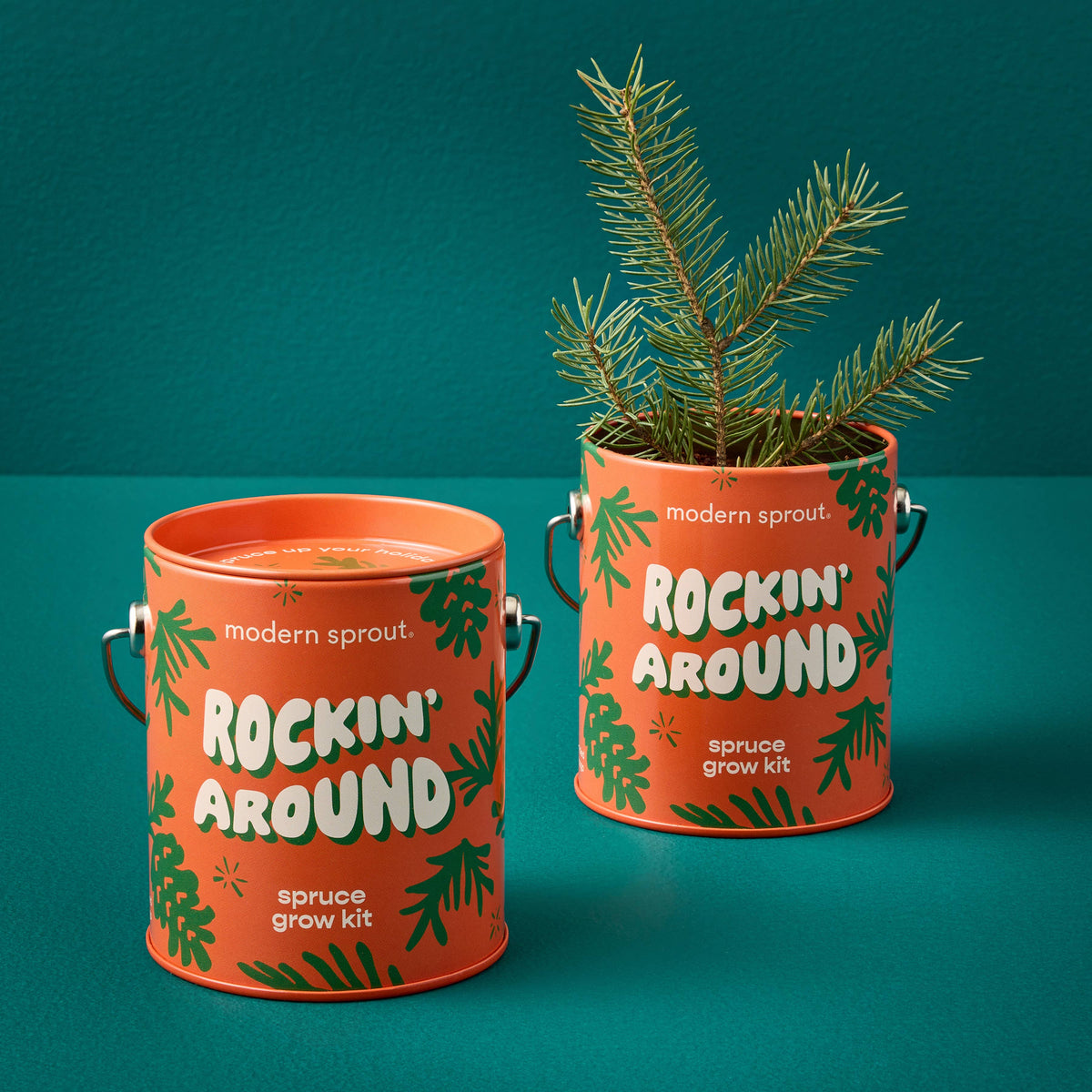Two red tin can planters with greenery on a teal background