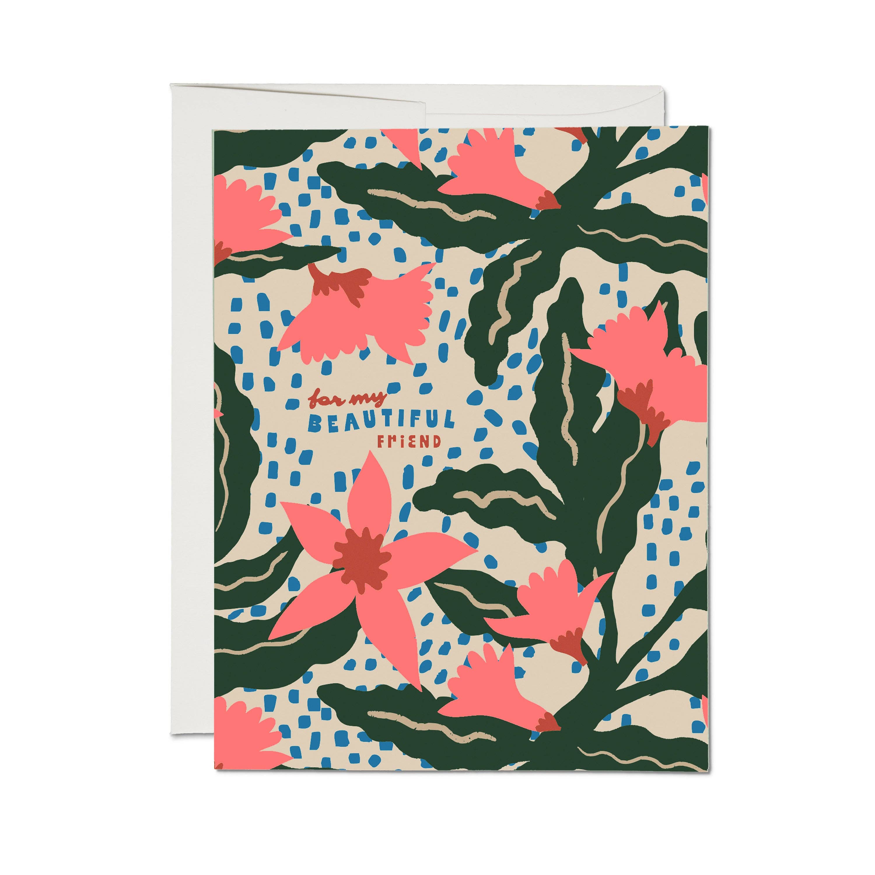 Greeting card with pink floral design and text on a beige background