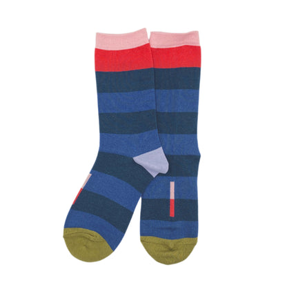 Crew socks size small with layered blue stripes, pink cuff, green toe, and red accents for a playful, colorful look.