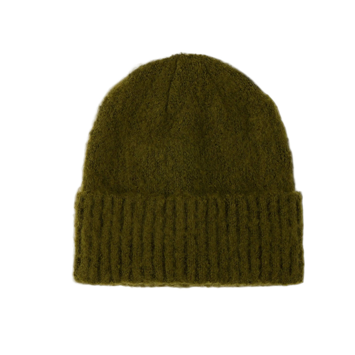 A dark olive ribbed knit beanie hat centered on a plain white background.