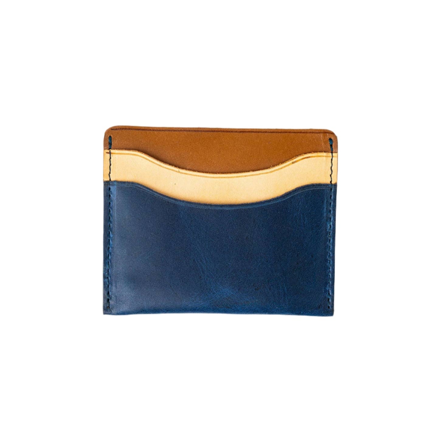 Navy blue leather card holder with natural trim, 2 card slots and cash pocket, sleek and small desgin for everyday use