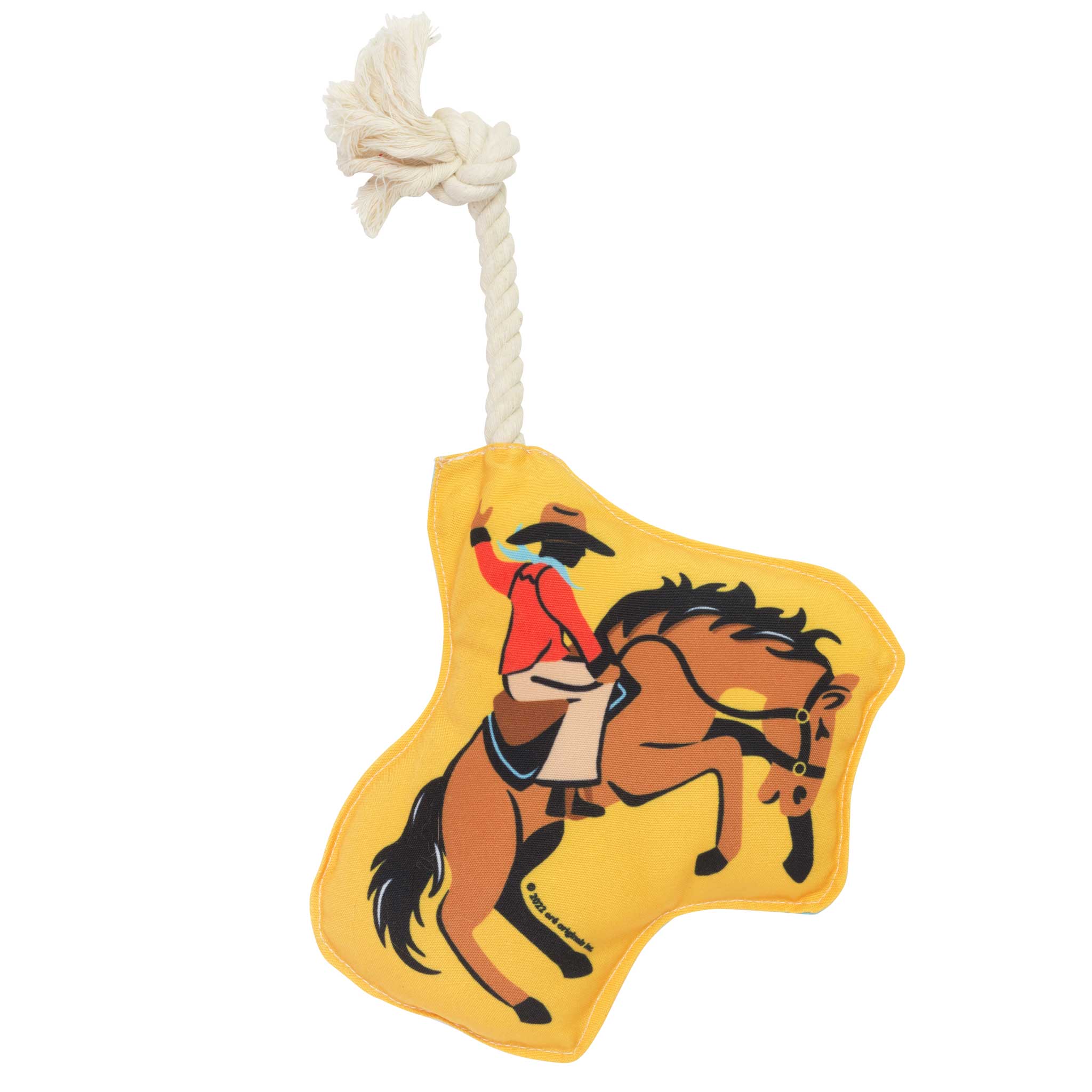 Sturdy rope dog toy with an illustrated cowboy riding a bucking bull on canvas
