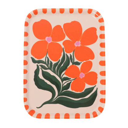 10.6x7.6 serving tray with bold orange poppy design and striped trim, ideal for serving drinks, snacks, or décor.
