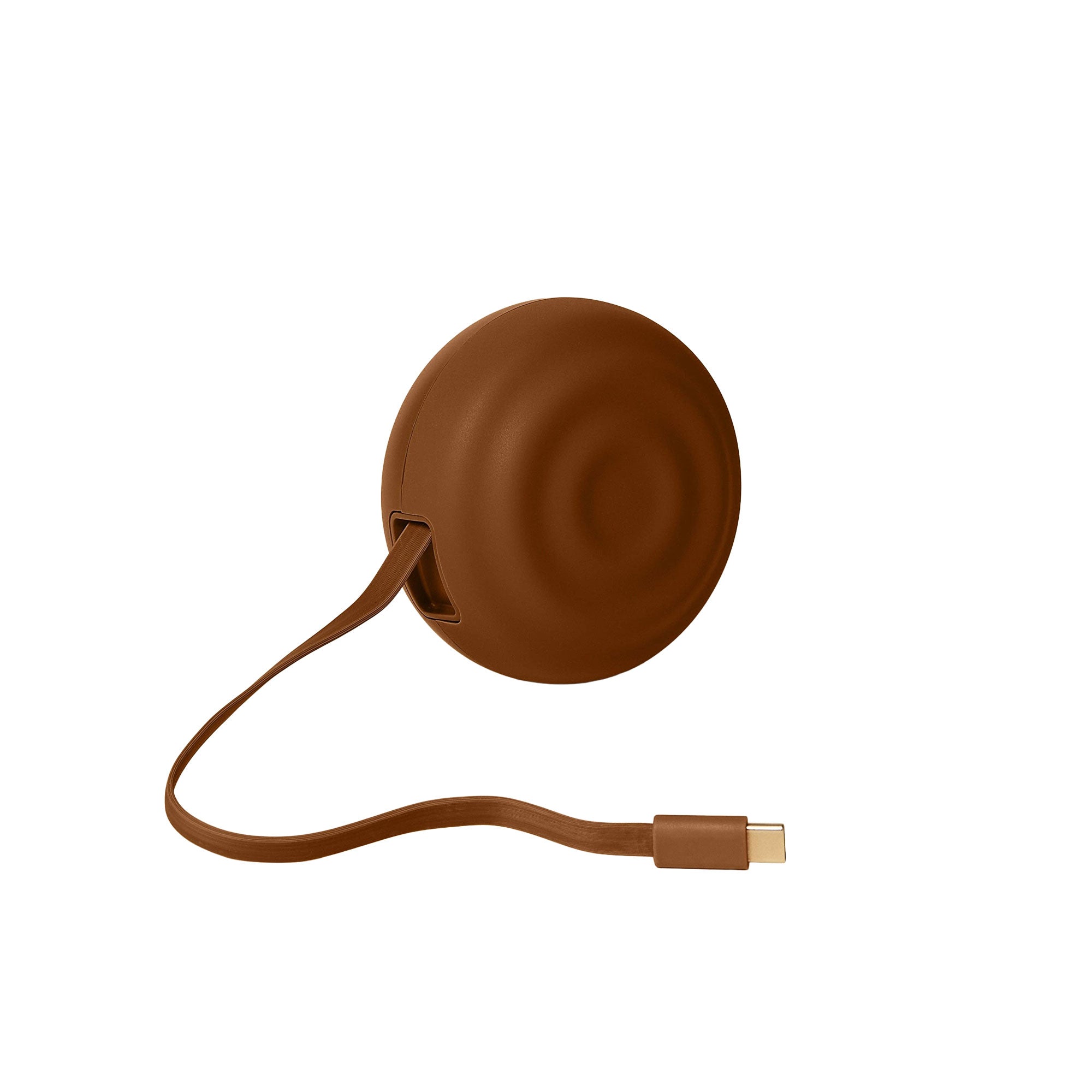 Brown retractable charger on a white background