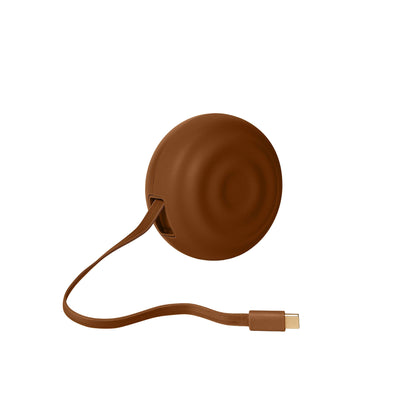 Brown retractable charger on a white background