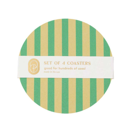 Set of 4 reusable coasters with green and yellow stripes, durable and stylish protection for your table. 