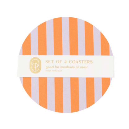 Set of 4 reusable coasters with ultra violet and orange stripes, durable and stylish protection for tables from drinks. 
