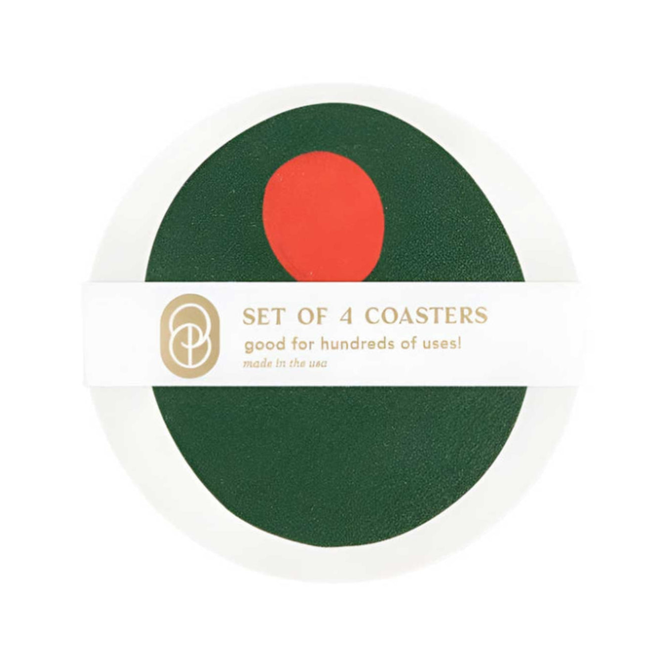 Set of 4 reusable coasters with a pimento olive design, durable and stylish for any bar or game night
