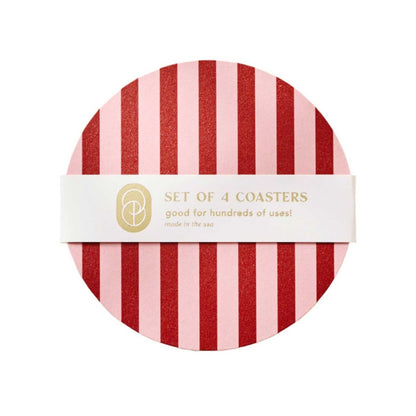 Set of 4 reusable coasters with pink and maroon stripes, durable and stylish protection for tables.