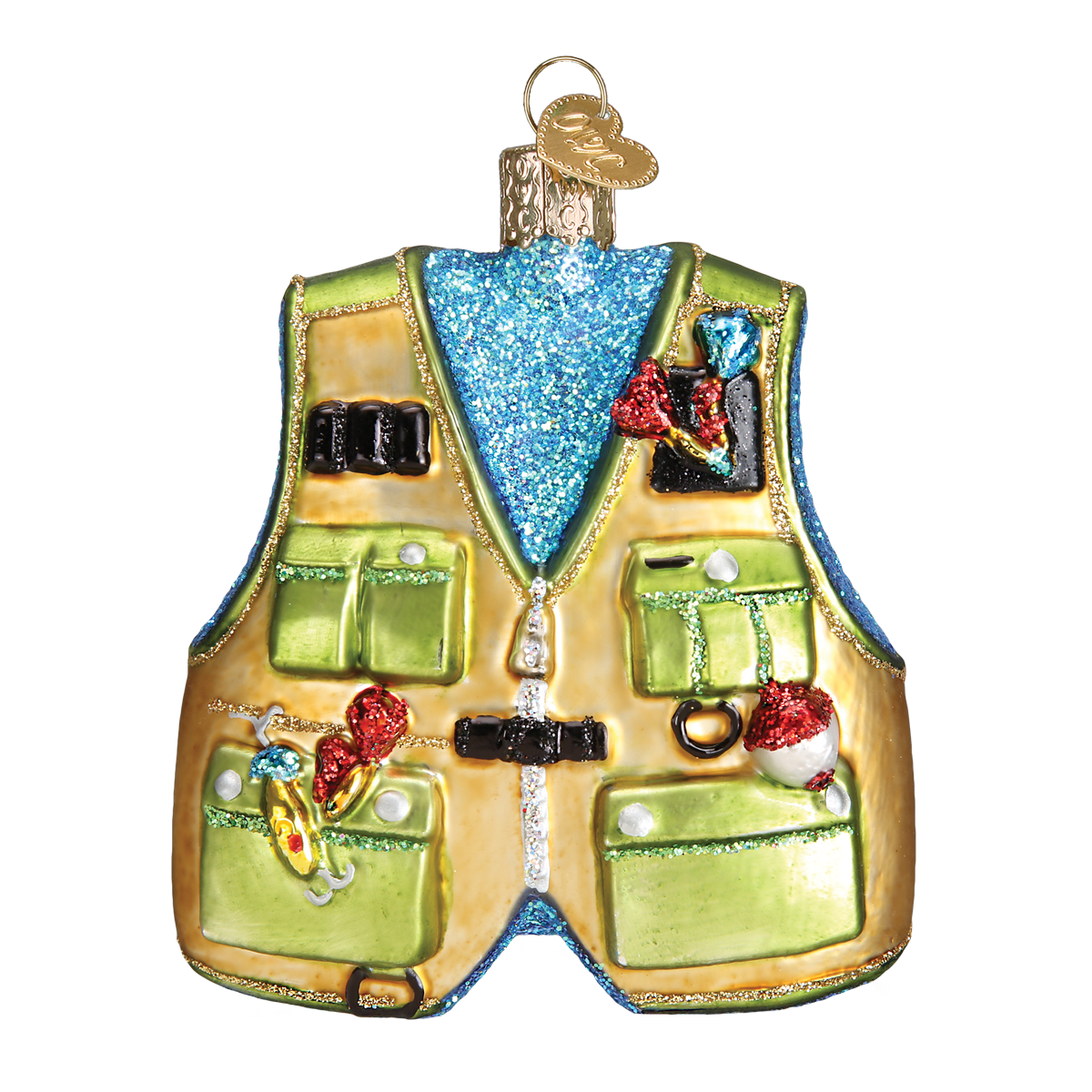 Decorative glass ornament of a fishing vest with various accessories on a white background