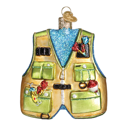 Decorative glass ornament of a fishing vest with various accessories on a white background