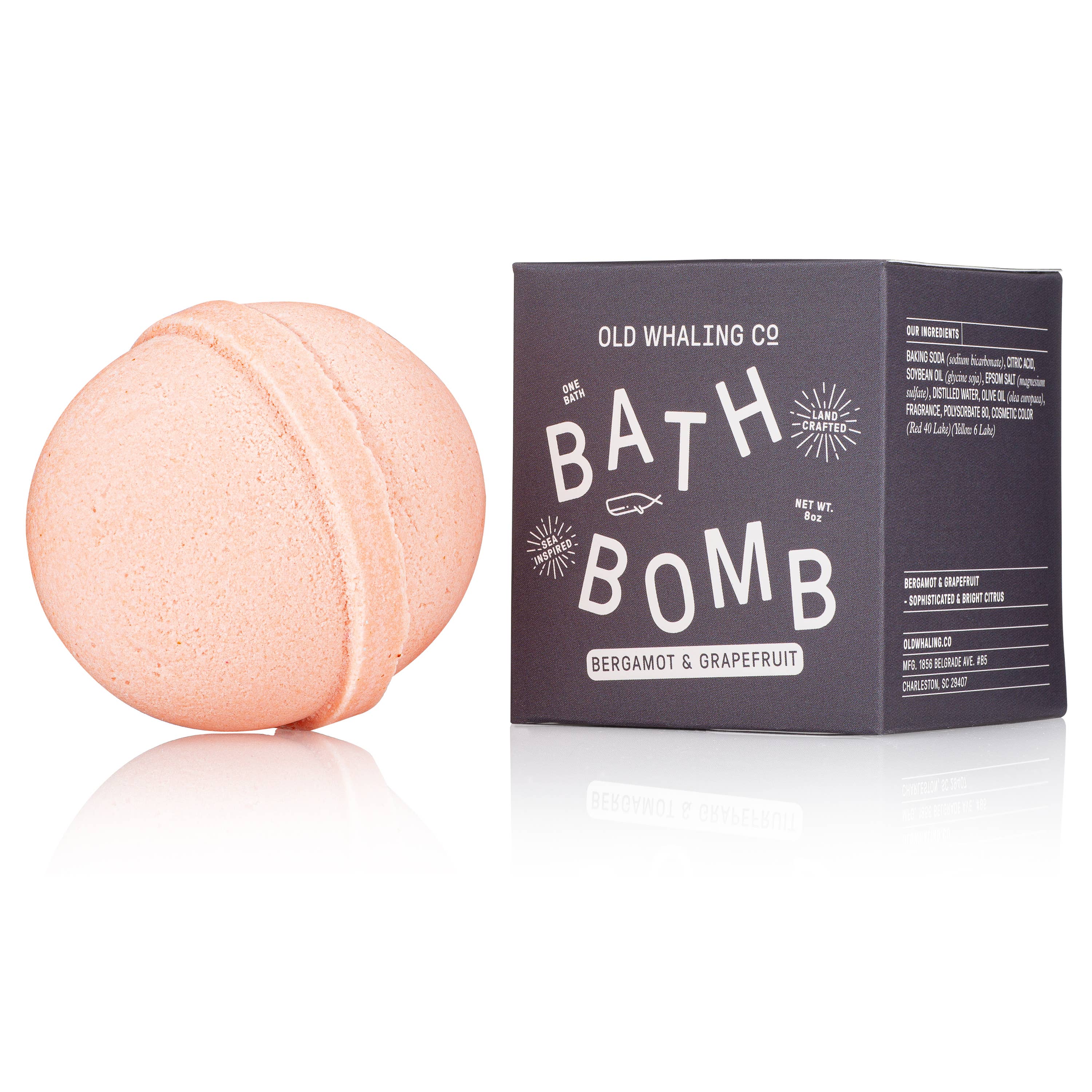 Bath bomb made with Epsom salt, olive oil and soybean oil for soft skin. Scented with bergamot and grapefruit