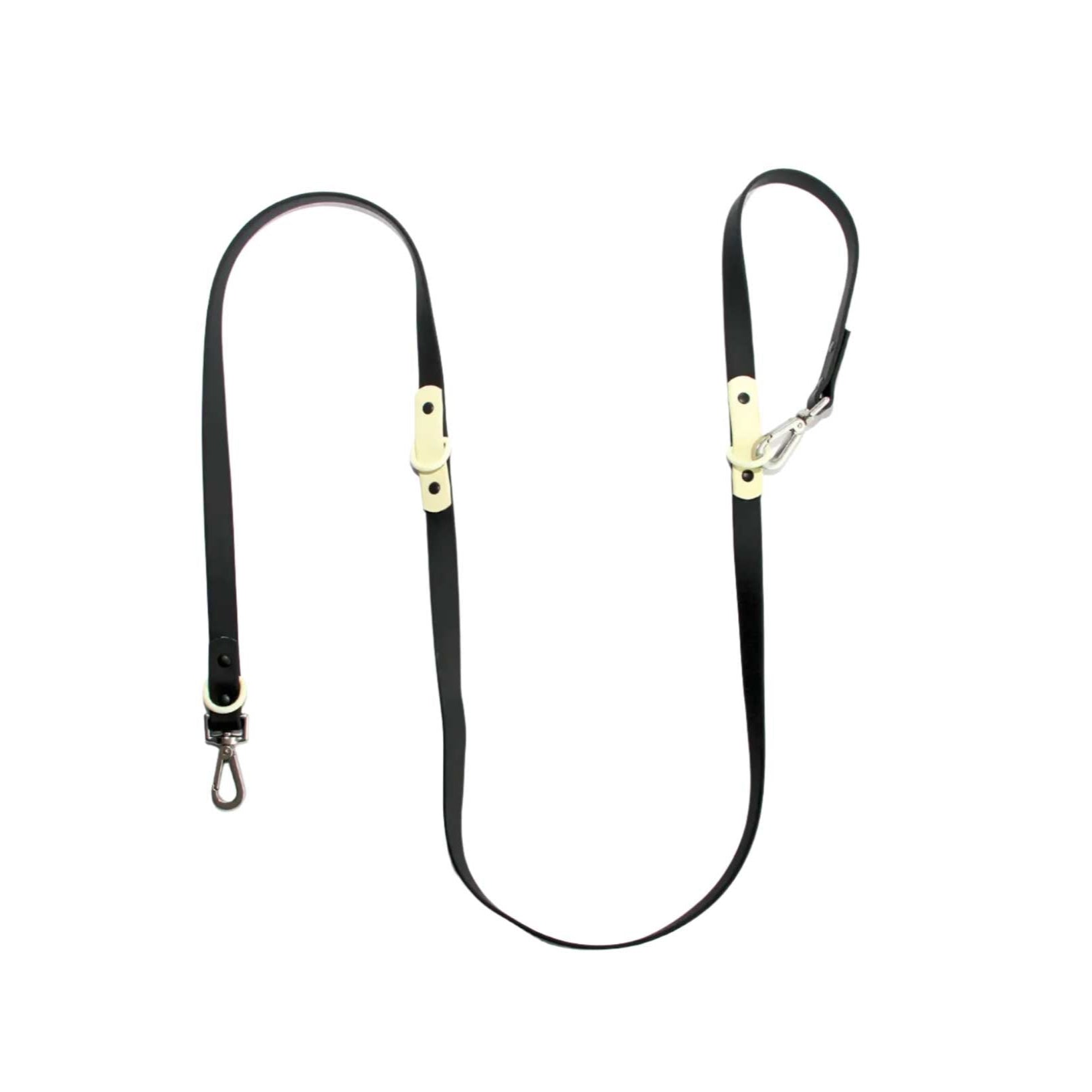 Two-tone waterproof dog leash in black with white accents, adjustable and durable for hands-free walks or outdoor use