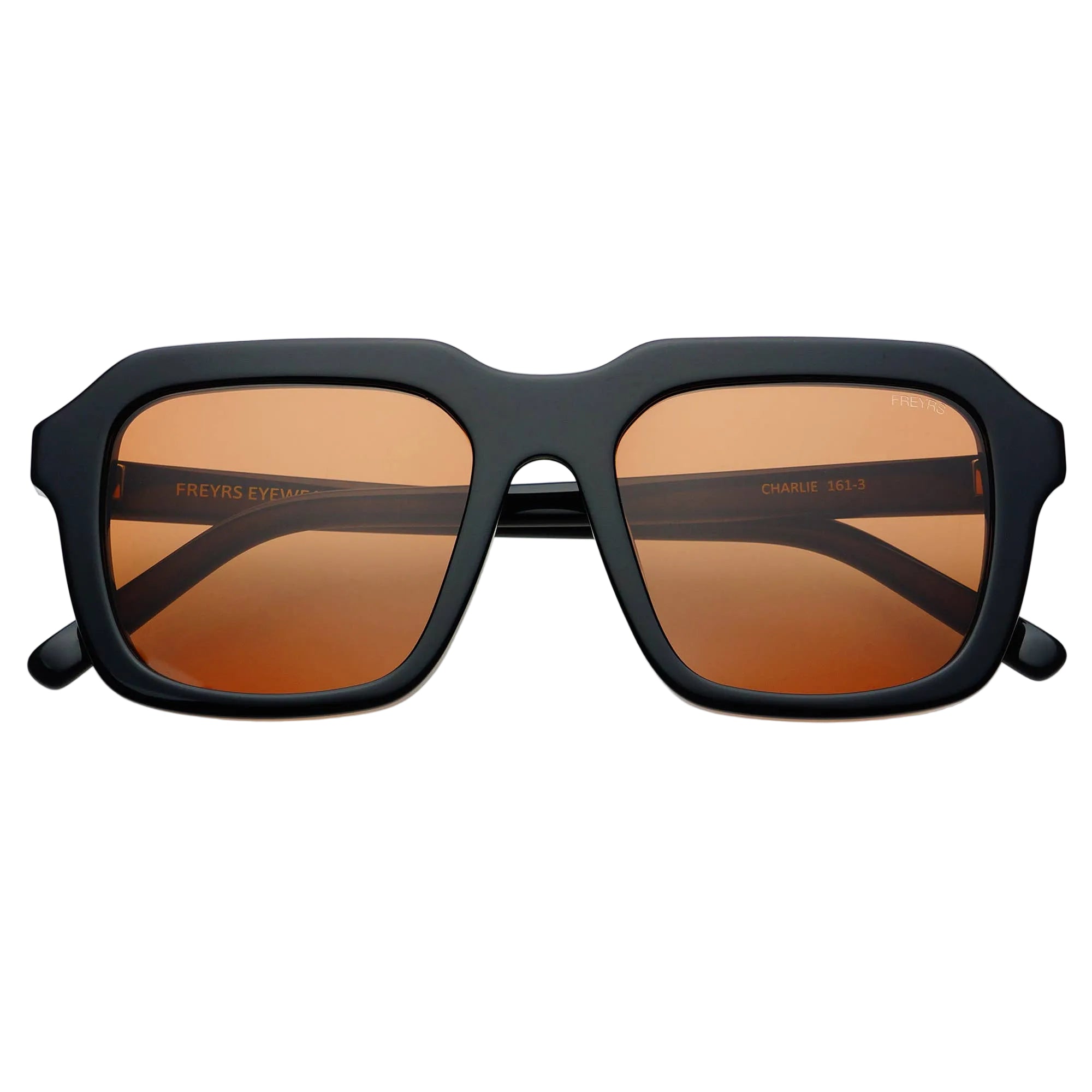 Sunglasses with black frame and brown lenses on a white background