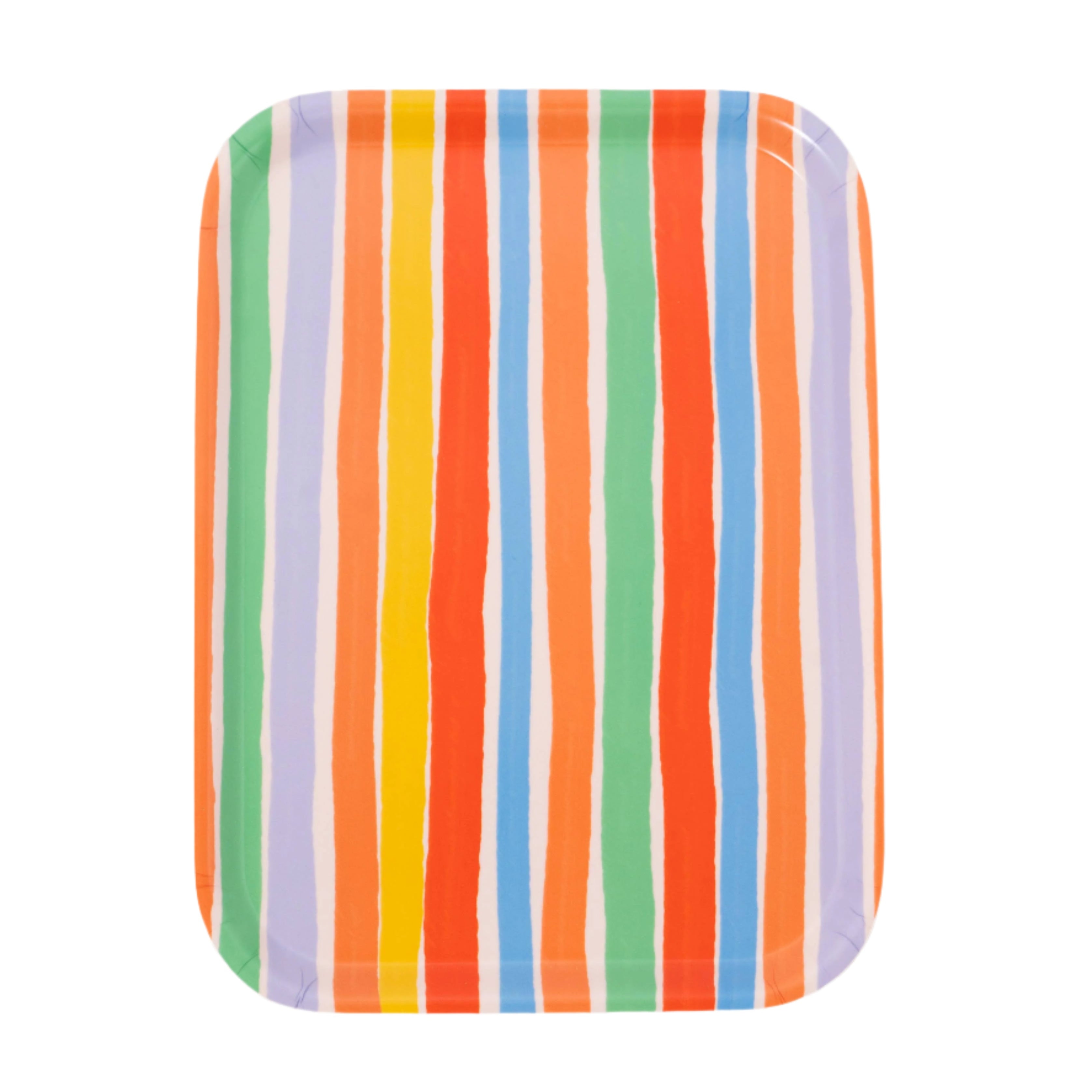 10.6x7.6 serving tray with multicolored stripes, lightweight and durable, perfect for summer snacks or outdoor dining.