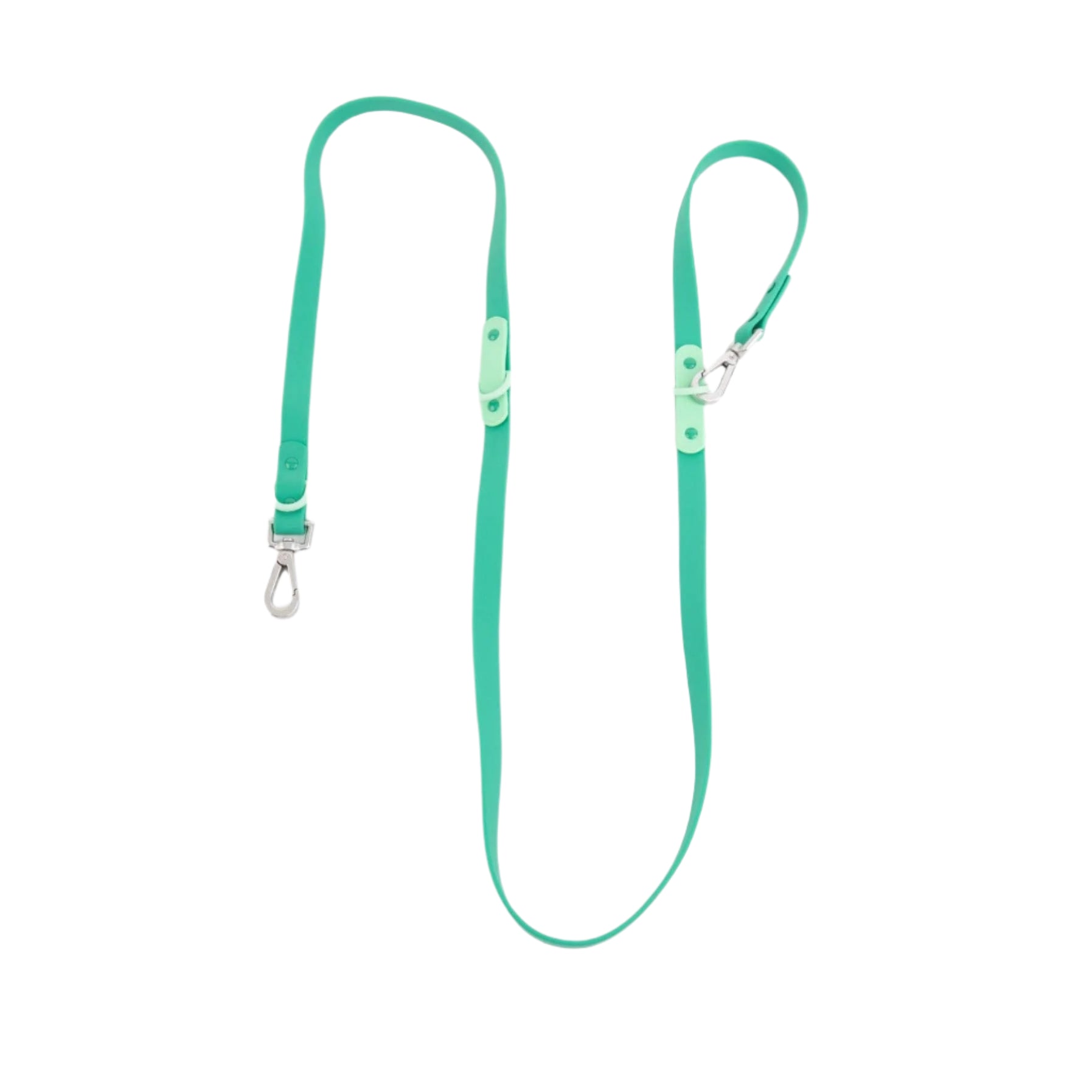 Two-tone waterproof dog leash in green with seafoam accents, adjustable and durable for hands-free walks.