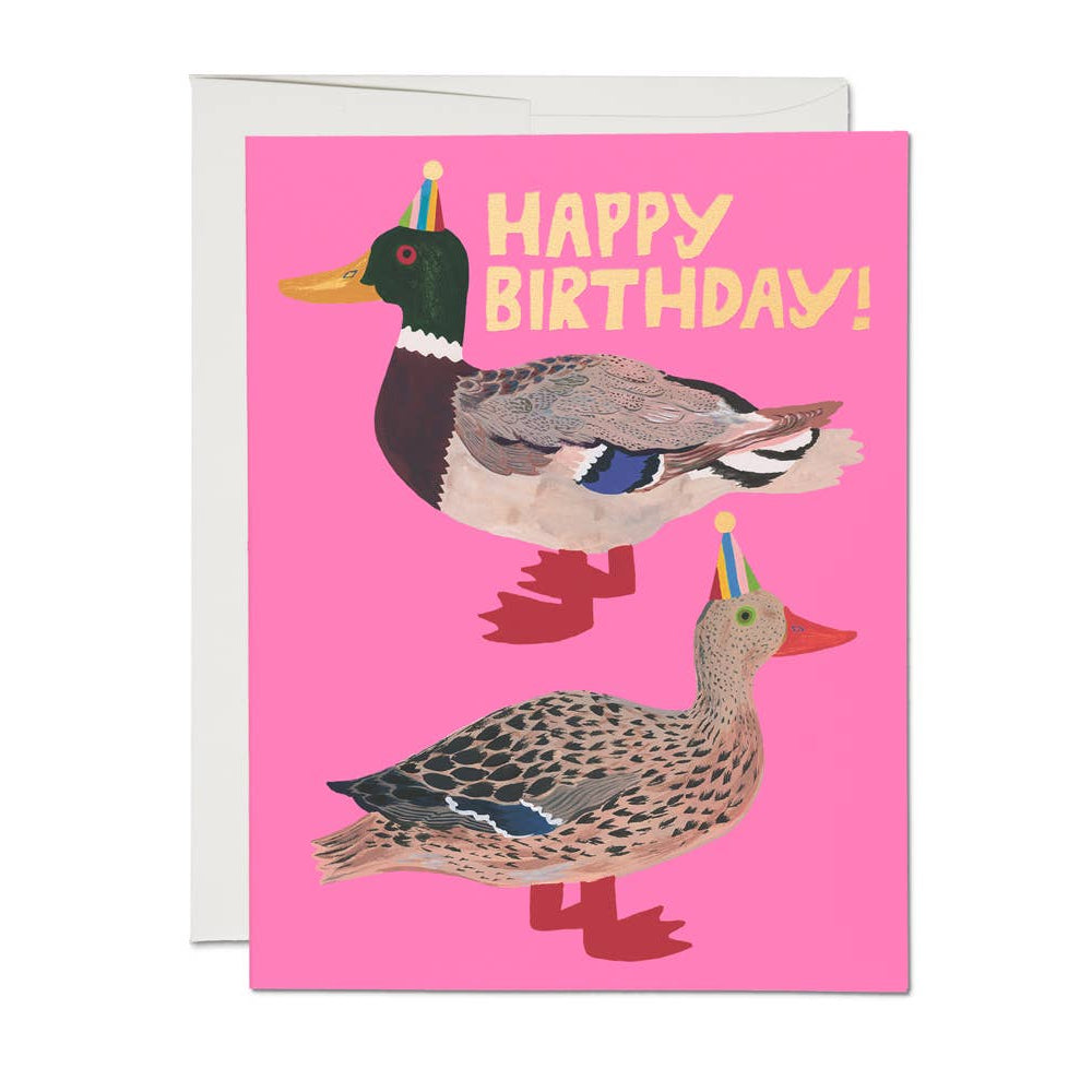 Birthday card with two ducks and 'Happy Birthday!' text on a pink background