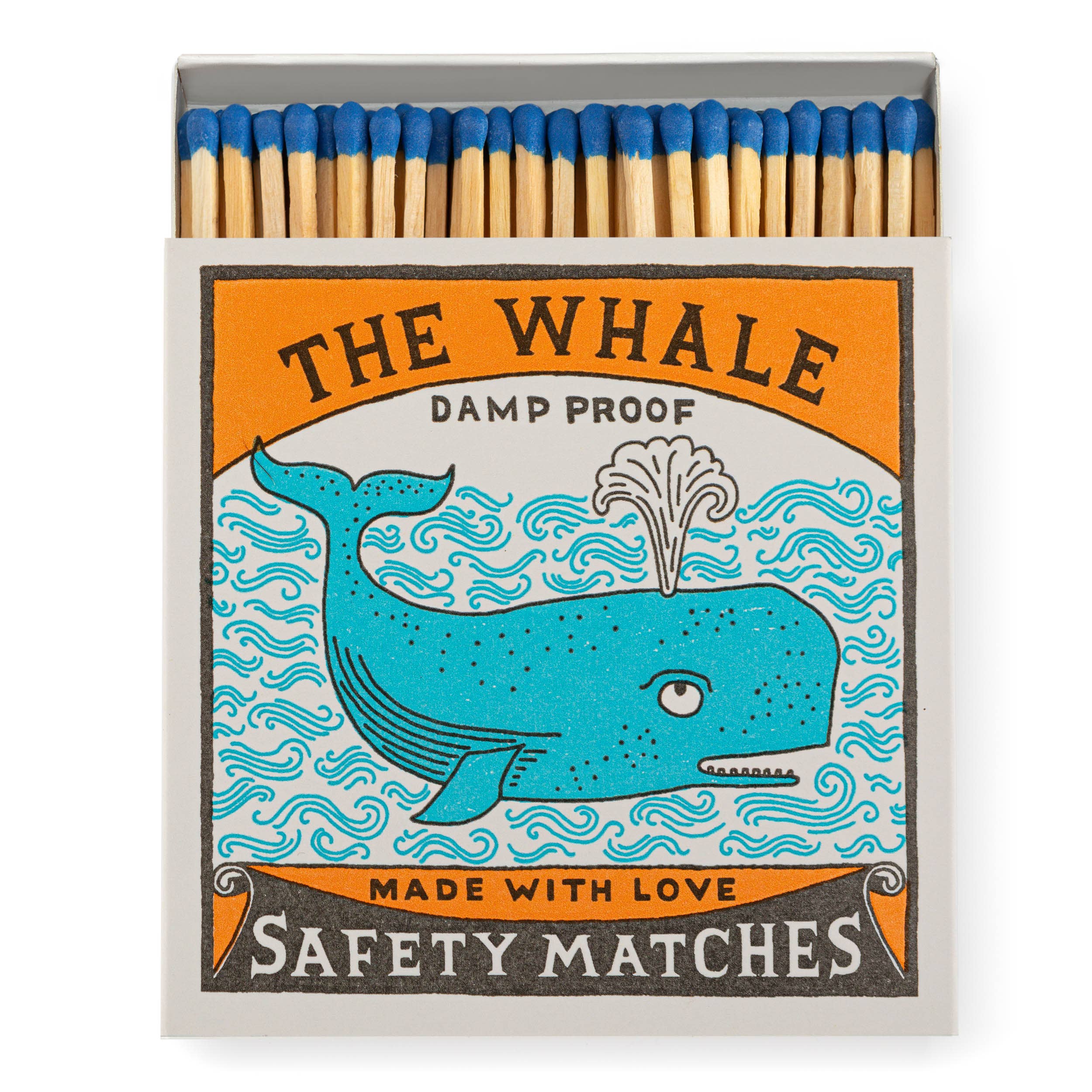 Playful blue whale matchbox in vibrant orange and blue design with ‘damp proof’ label, filled with long safety matches.