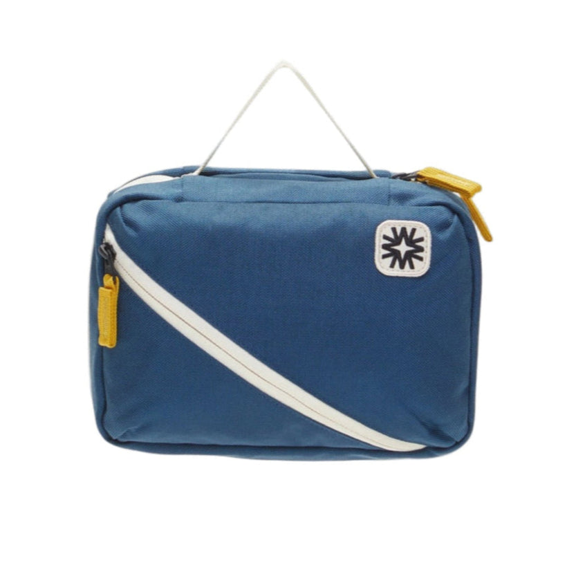 Navy toned canvas toiletry pack dual main compartments and small front organizers. Perfect for travel organization. 