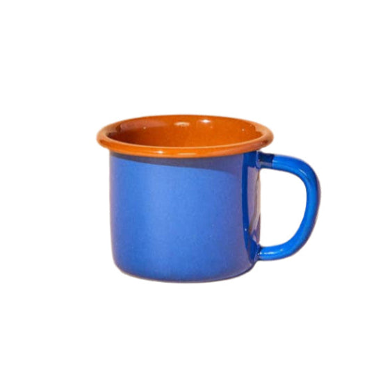 Enamelware coffee mug, blue outside and rustic amber on the inside. Perfect for hiking, or morning coffee while camping.