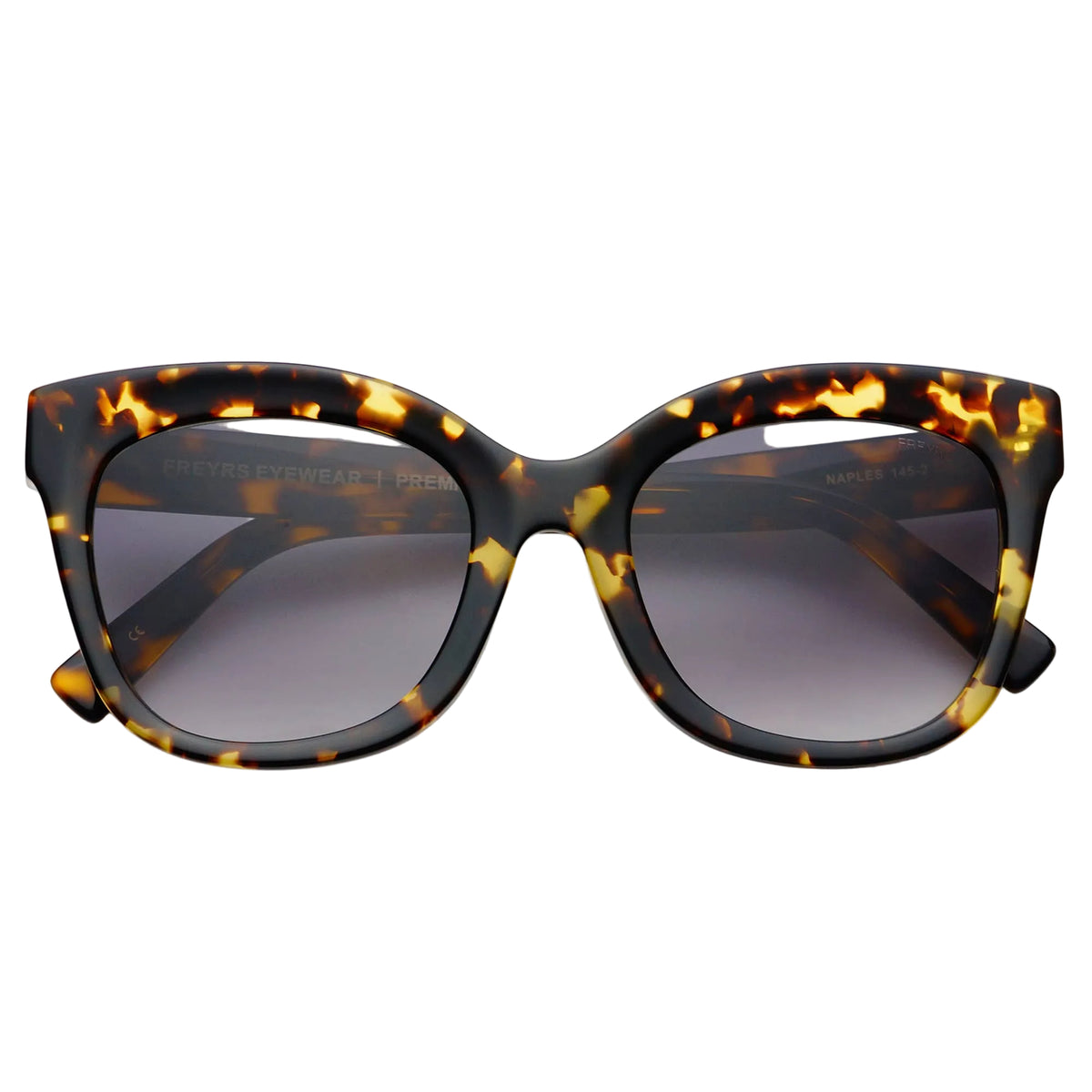 Tortoiseshell sunglasses with dark lenses on a white background