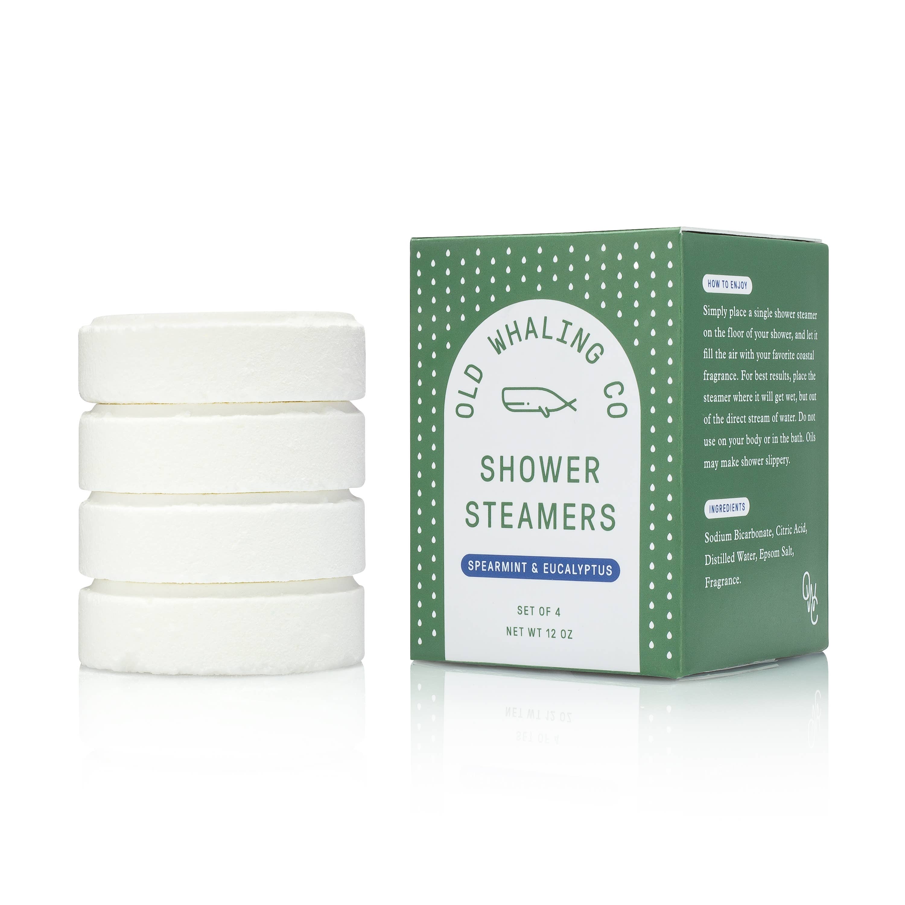 Set of four 3oz steamers, fizz and release spa like aromas into the shower. Scented with spearmint and eucalyptus.