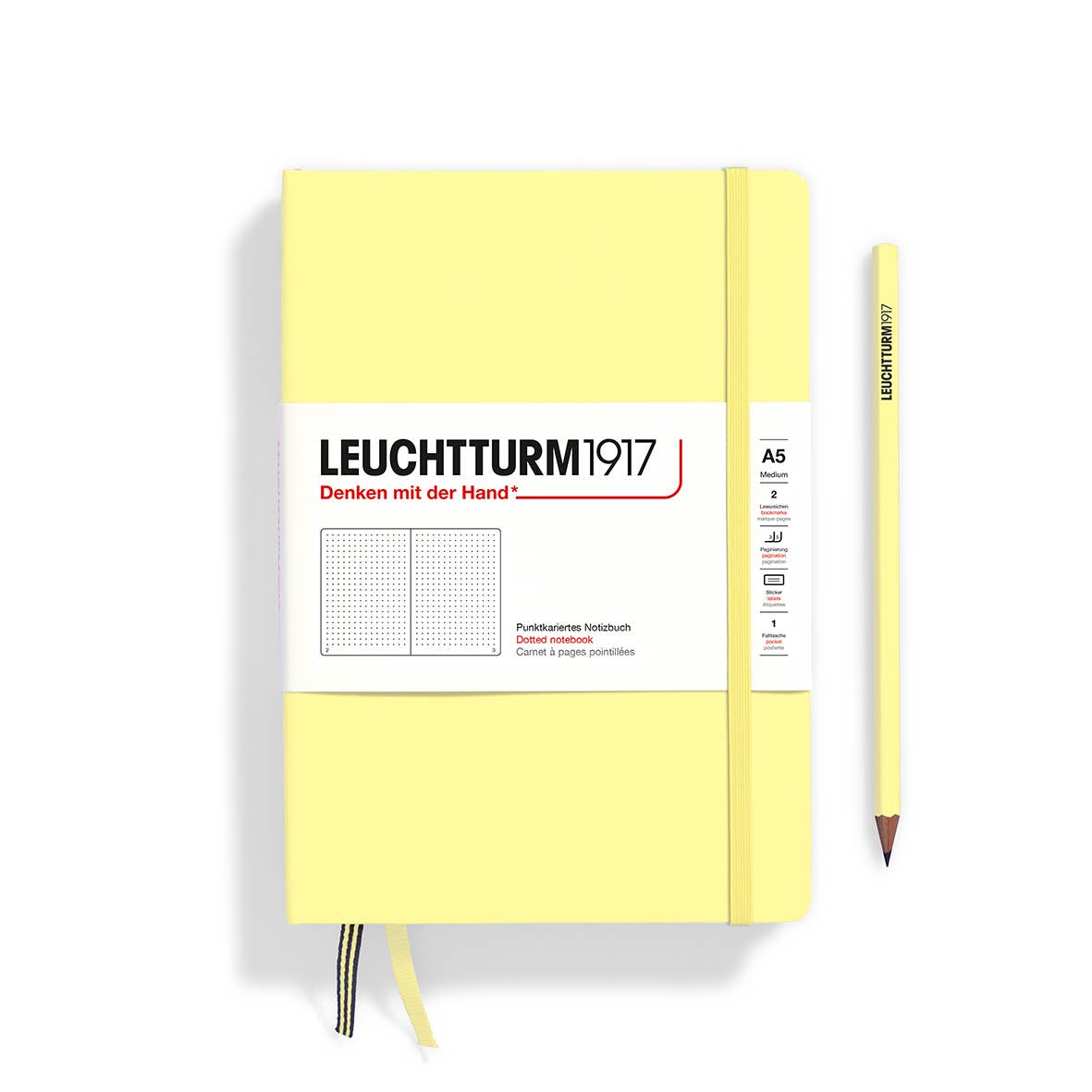 Hardcover 251 page notebook in a soft white color. Very functional design inside and out. 