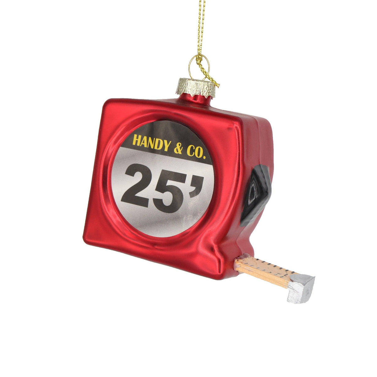 A red tape measure Christmas ornament featuring a glossy red body, a silver and black measuring face with 'HANDY & CO.' and '25"' printed on it, a gold hanging loop.