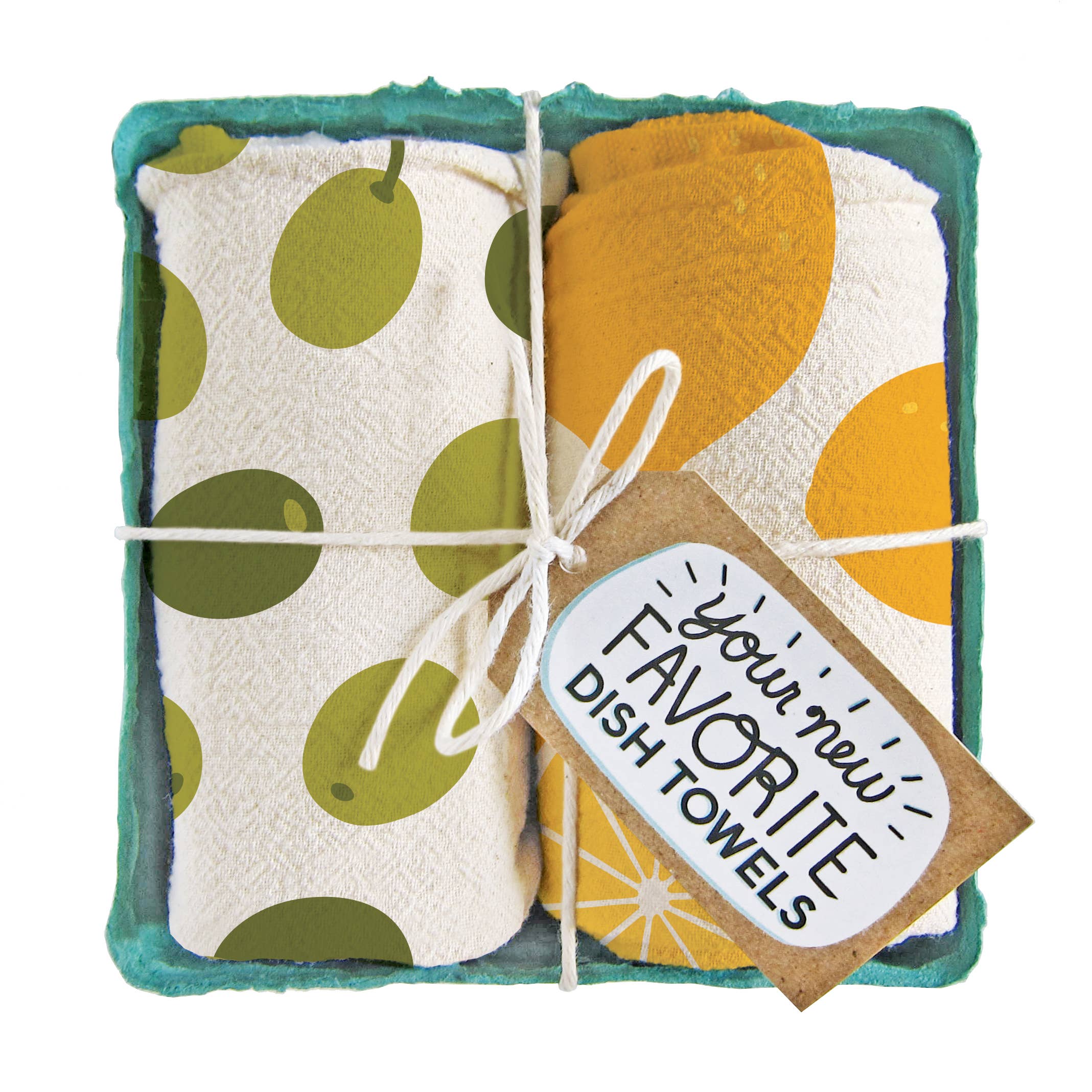 Pair of cotton tea towels with olive branches and bright lemon prints, eco-friendly, packed in a produce-style container. Fun for a pop of fun in the kitchen.