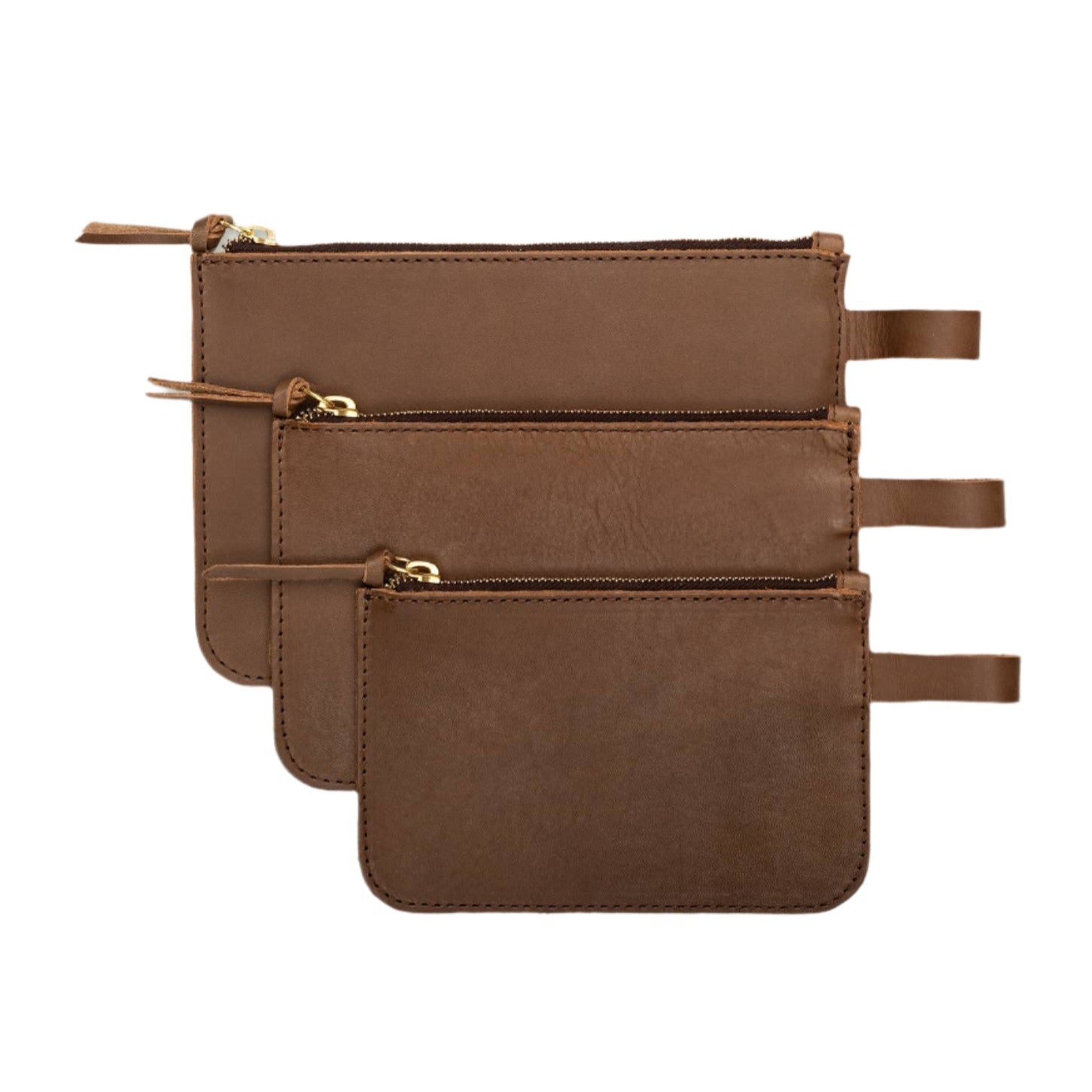 Brown Leather Zip Pouches Set