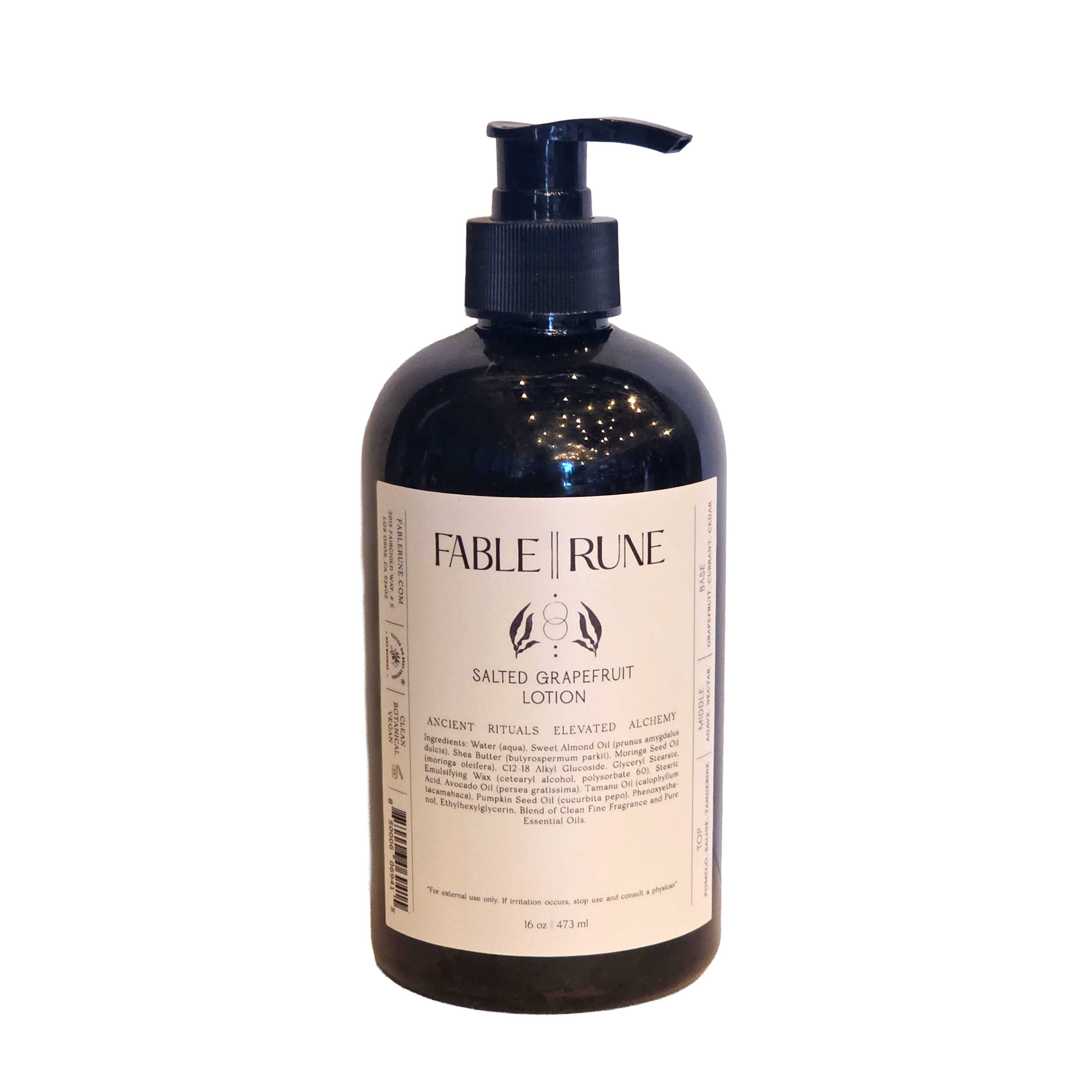 16 oz deep moisturizing lotion, infused with essential oils and made with shea butter, salted grapefruit scented.