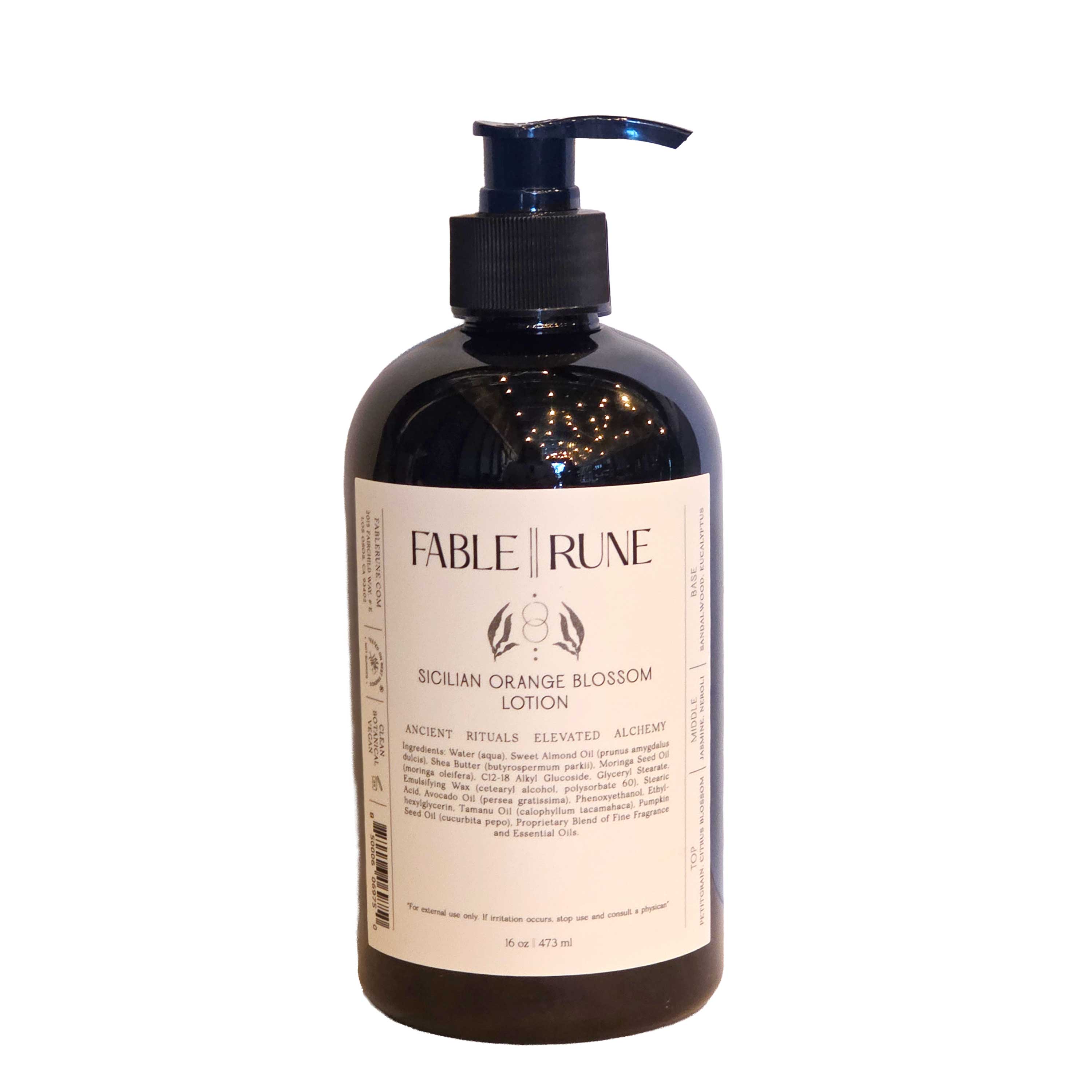 16 oz deep moisturizing lotion, infused with essential oils and made with shea butter, orange blossom scented.