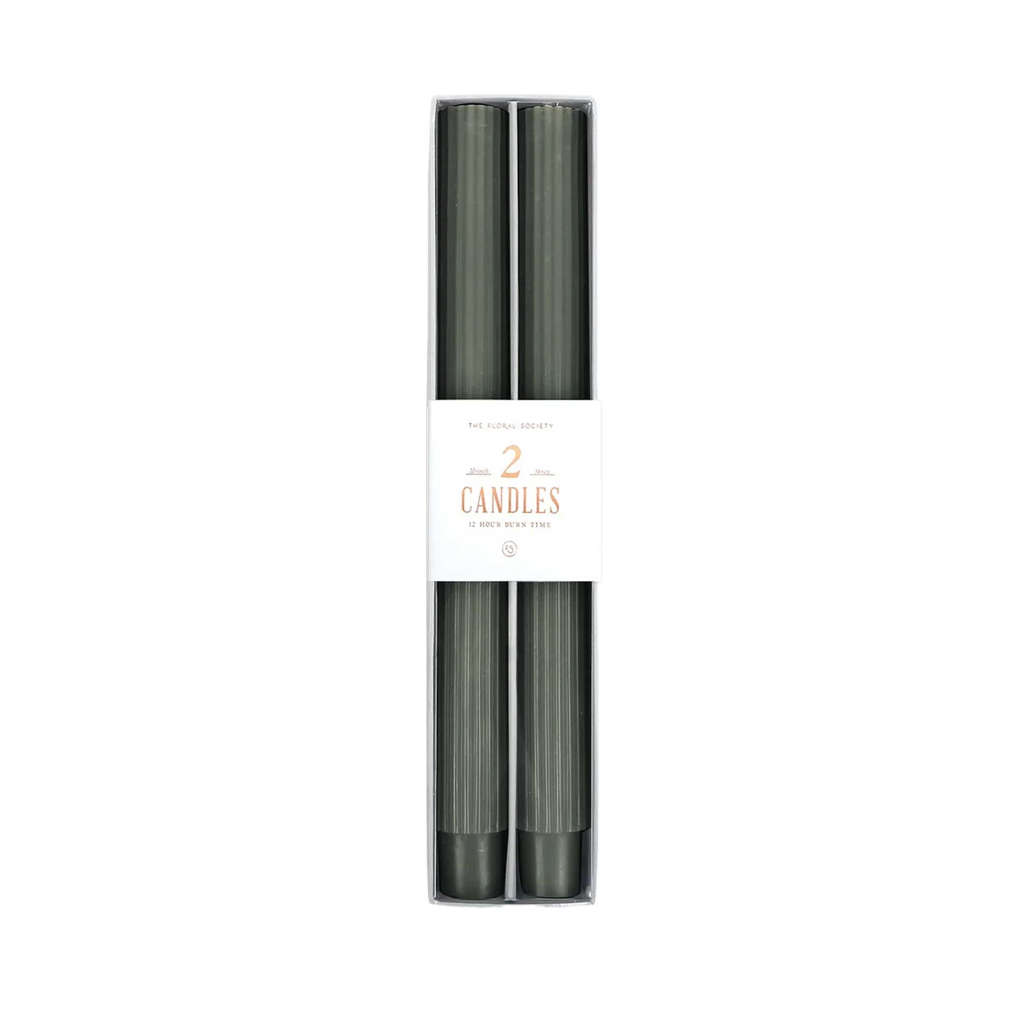 Pair of 10-inch ribbed taper candles in soft moss, long-lasting with up to 10 hours burn time each.