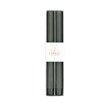 Pair of 10-inch ribbed taper candles in soft moss, long-lasting with up to 10 hours burn time each.