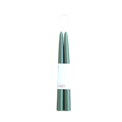 Pair of 12-inch moss colored dipped taper candles with 12-hour burn time, elegant for dining, décor, or gifting.