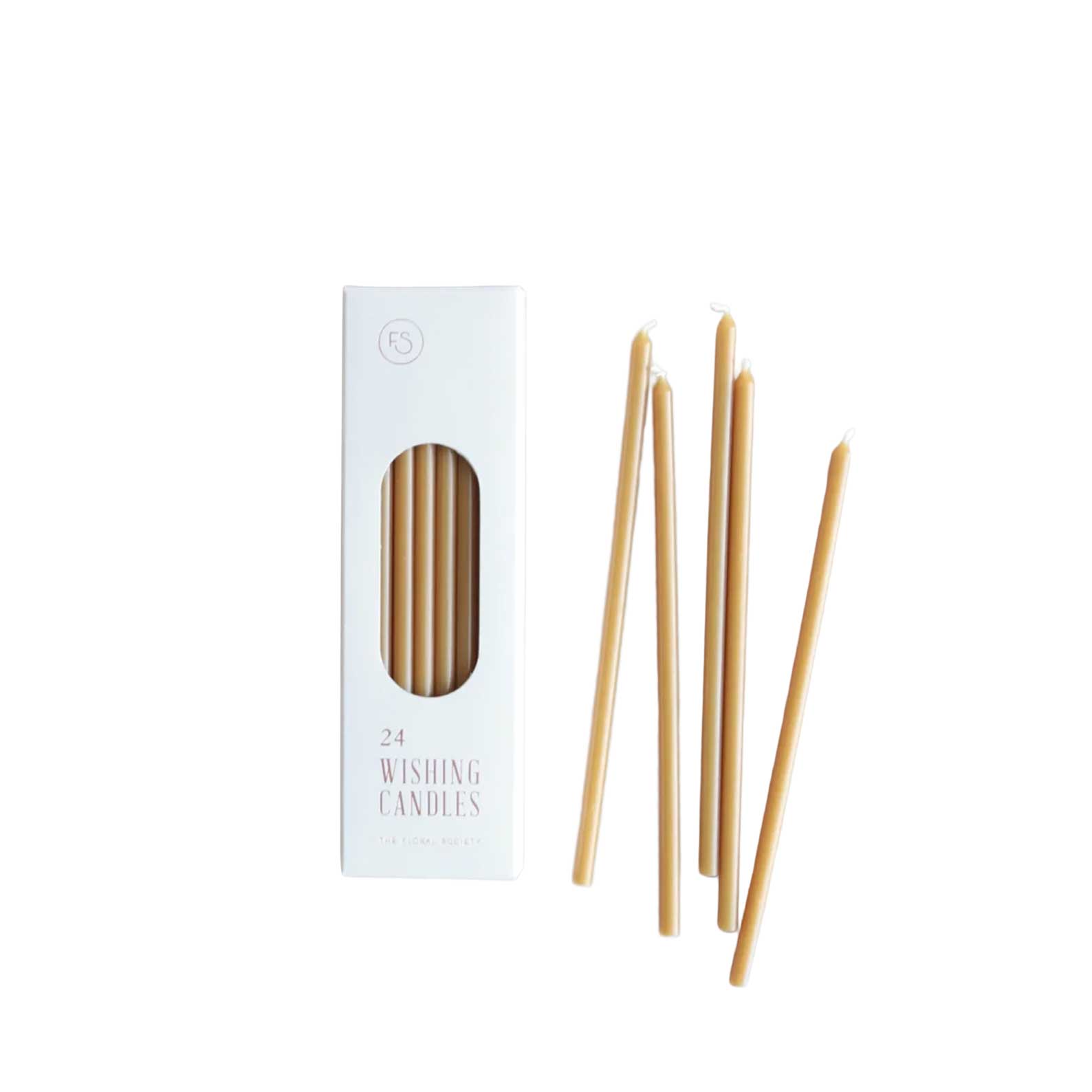 Set of 24 slim 6-inch wishing candles in golden honey Miel, 45-min burn time, perfect for celebrations or décor.