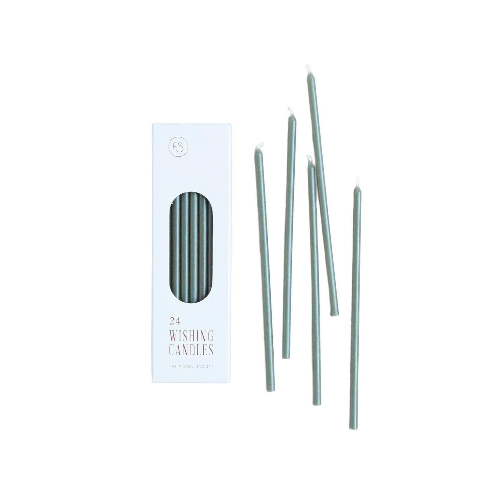 Set of 24 slim 6-inch wishing candles in moss green, 45-min burn time, perfect for celebrations or décor.