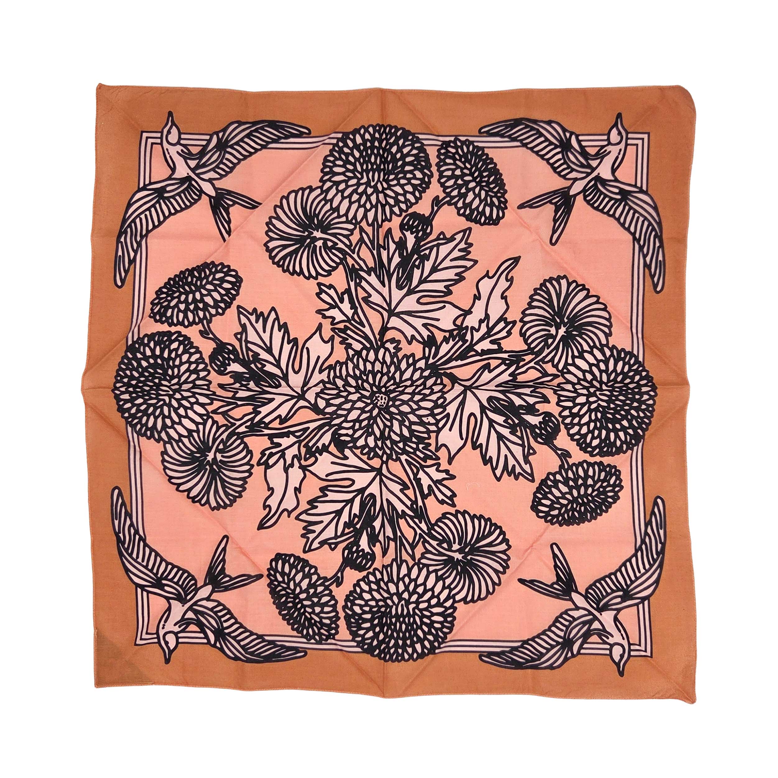 Pink square bandana accessory with black floral and bird print.