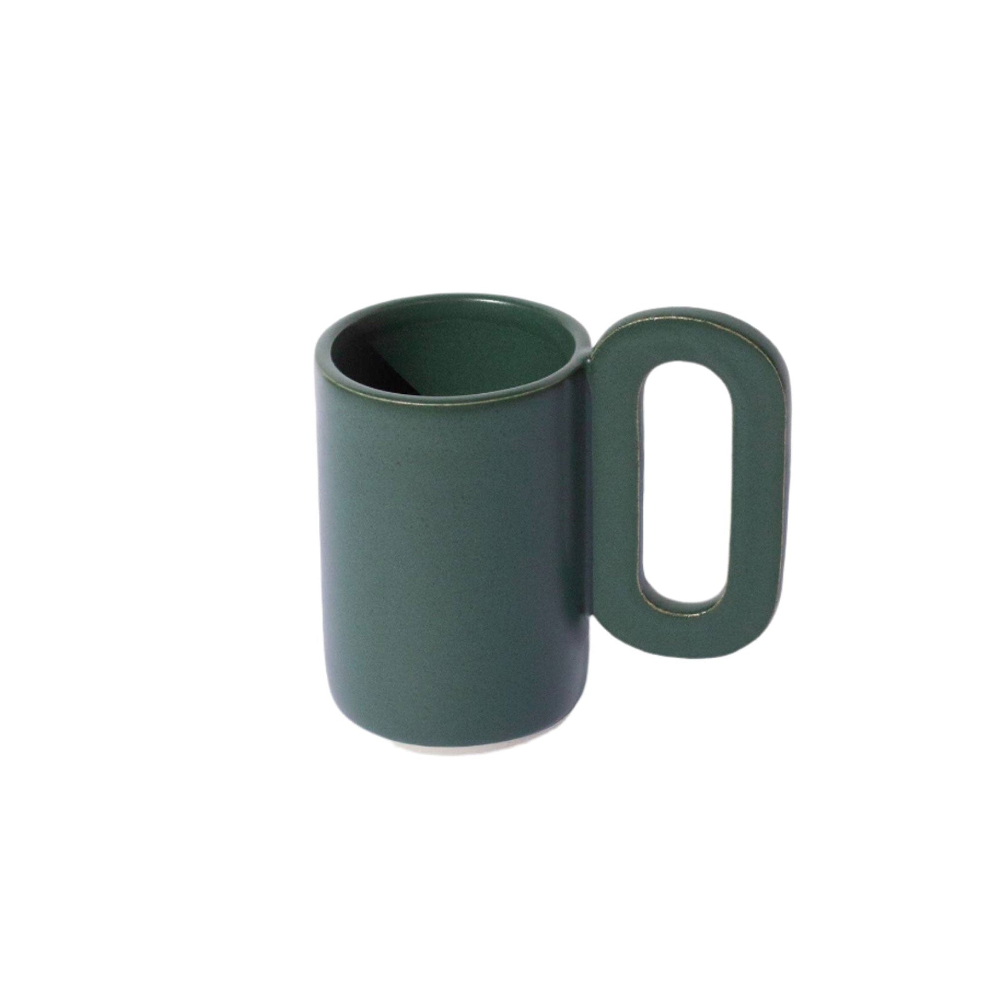 Forest green Loop Mug with elongated minimalist handle, 16oz ceramic cup designed for comfort, coffee, tea, or daily use.