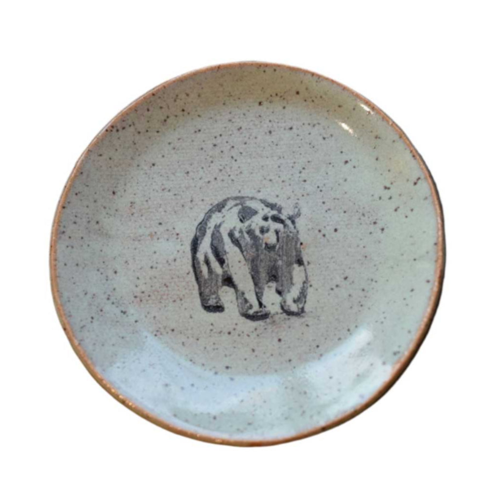 4-inch handcrafted stoneware mini plate with bear illustration fused into glaze, great for rustic cabin décor or a jewlery holder.