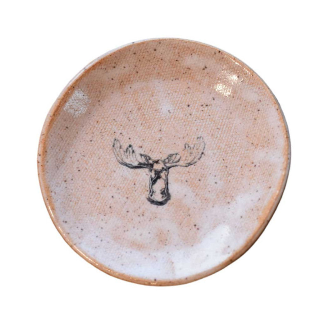 4-inch handcrafted stoneware mini plate with moose illustration fused into glaze, perfect for rustic décor or a dipping dish.