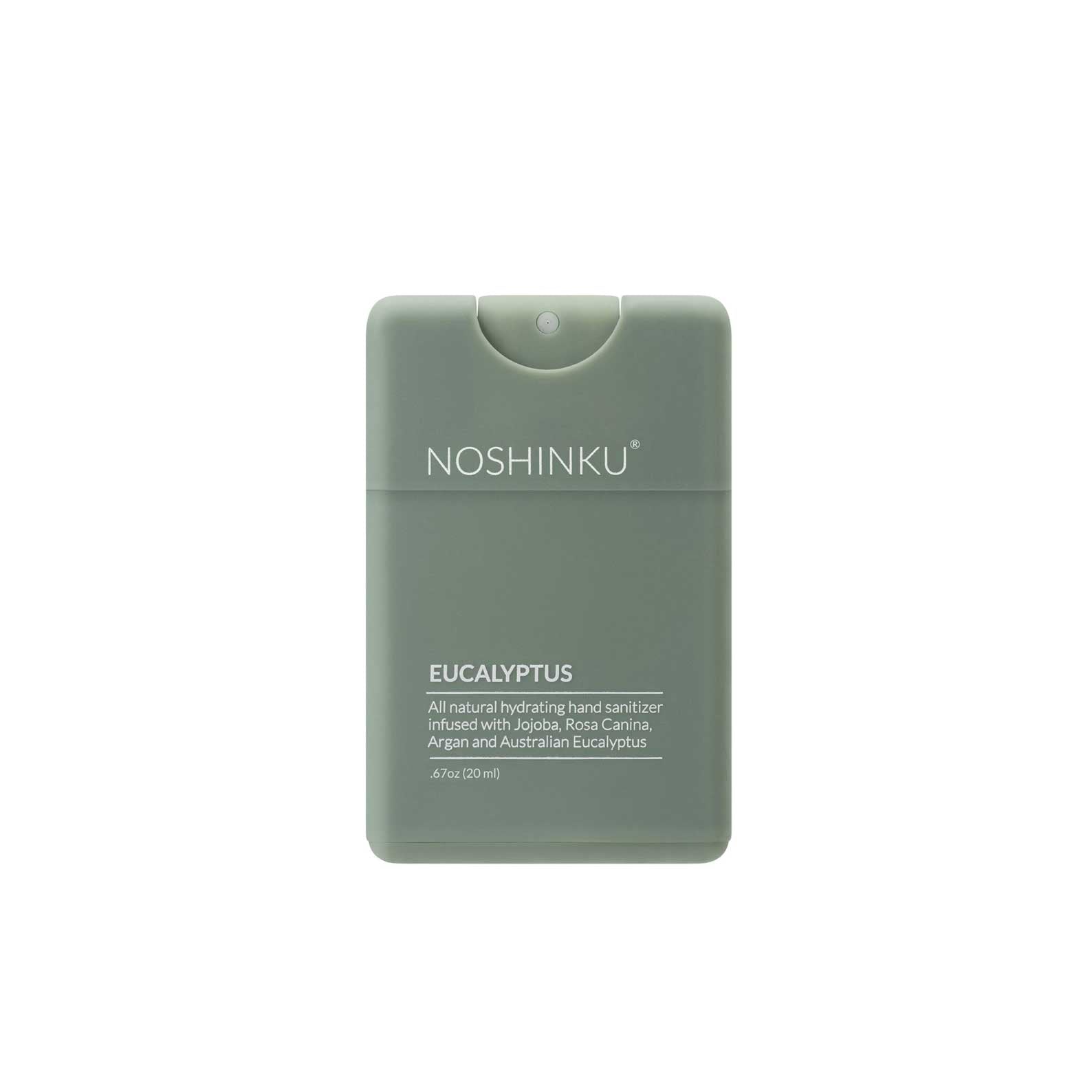 Eucalyptus scented hand sanitizer in a small, compact design with a soft touch mister. 